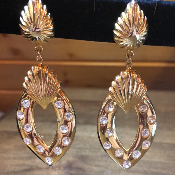 Gold Tone & Rhinestones Knocker Statement Earrings Vintage - Picture 3 of 7